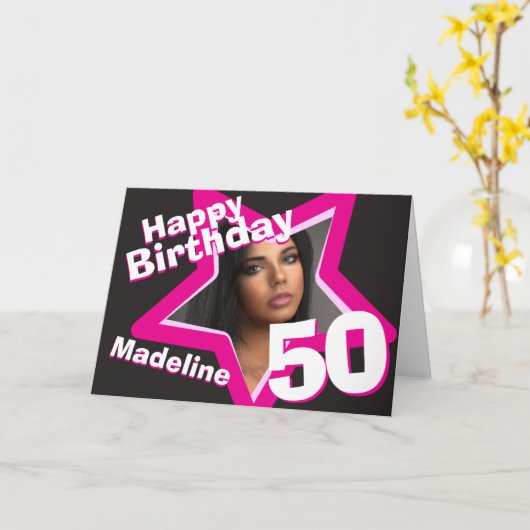 50e verjaardag roze aangepaste fotokaart kaart (Gele Bloem)