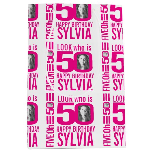 50e verjaardag roze blik 50 douanefoto naam medium cadeauzakje (Voorkant)