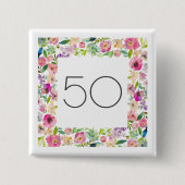 50e verjaardag roze bloemplein haar mooi vierkante button 5,1 cm (Voorkant)