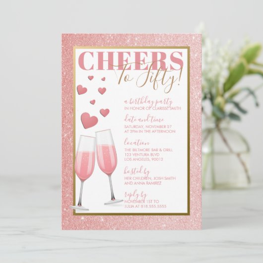 50E VERJAARDAG | ROZE CHAMPAGNE KAART (Staand voorkant)