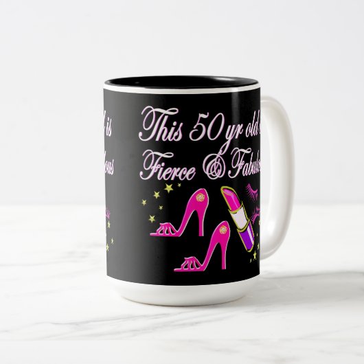 50E VERJAARDAG ROZE DIVA DESIGN TWEEKLEURIGE KOFFIEMOK (Voorkant rechts)