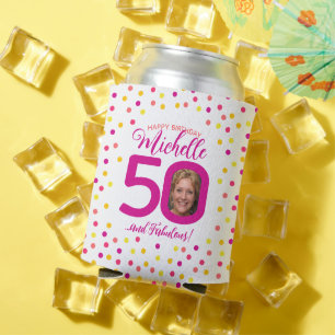 50e verjaardag roze gele confetti twee foto's blikjeskoeler