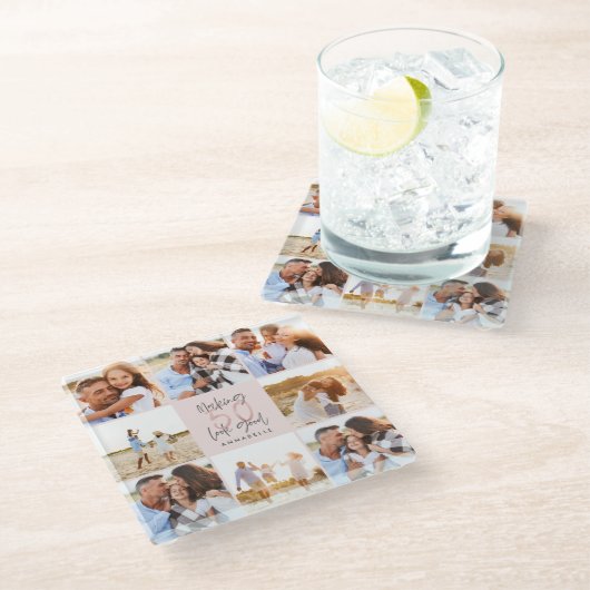 50e verjaardag roze girale fotocollage glazen onderzetter (Schuin)