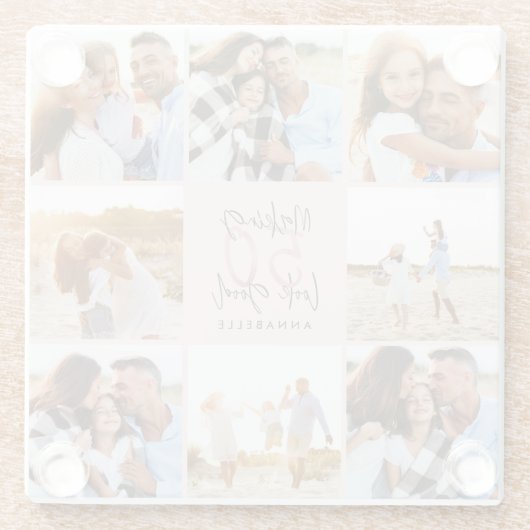 50e verjaardag roze girale fotocollage glazen onderzetter (Achterkant)