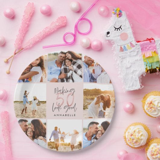 50e verjaardag roze girale fotocollage papieren bordje (Feest)