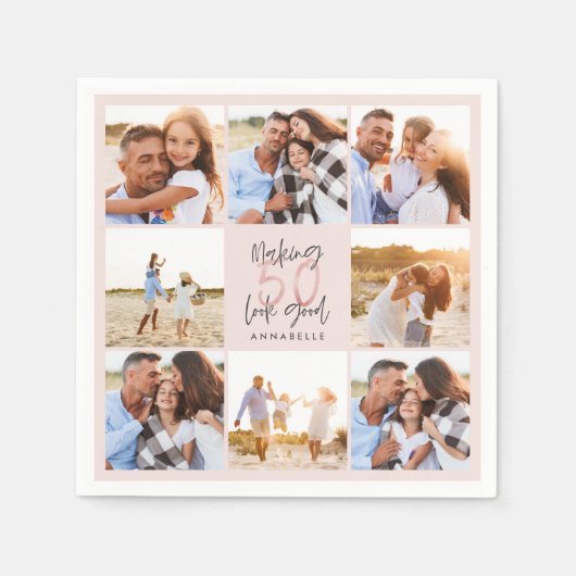 50e verjaardag roze girale fotocollage servet (Voorkant)