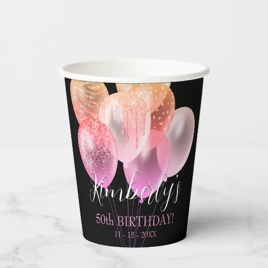 50e verjaardag, roze glitter ballonnen naamdatum papieren bekers (Achterkant)