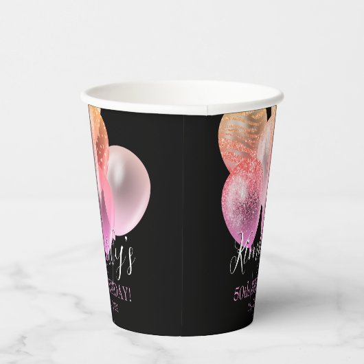 50e verjaardag, roze glitter ballonnen naamdatum papieren bekers (Rechts)