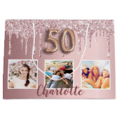 50e verjaardag roze glitter druppels foto monogram groot cadeauzakje (Voorkant)