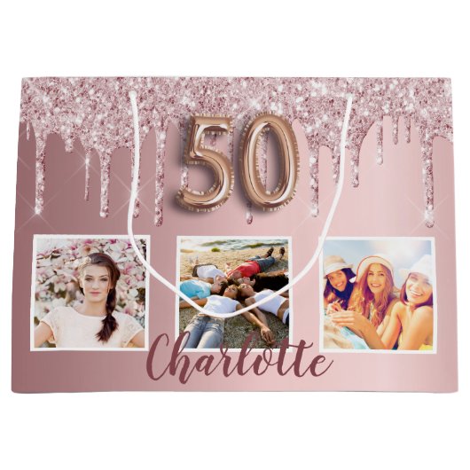 50e verjaardag roze glitter druppels foto monogram groot cadeauzakje (Voorkant)