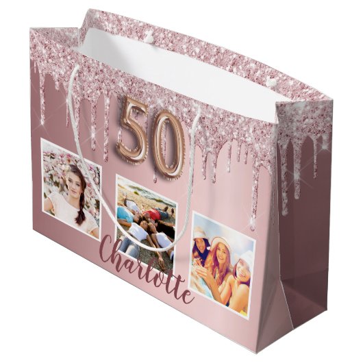 50e verjaardag roze glitter druppels foto monogram groot cadeauzakje (Achterkant Gekanteld)