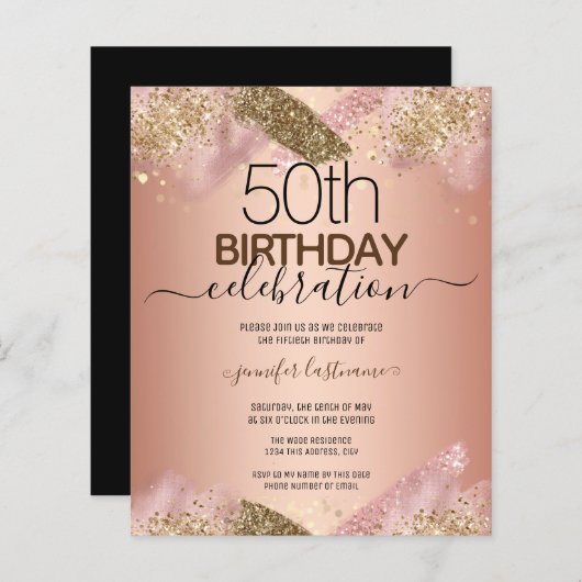 50e verjaardag Roze Glitter Party Budget Invitatio (Voorkant / Achterkant)