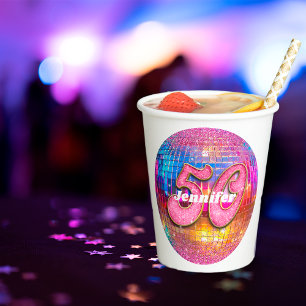 50e Verjaardag Roze Glitters Groovy 70s Disco Bal Papieren Bekers