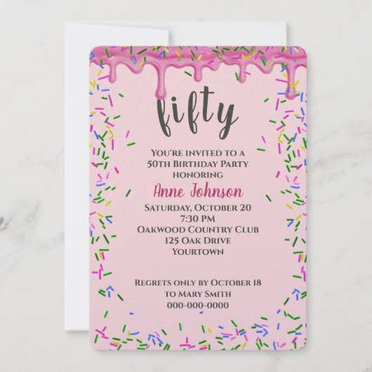 50e verjaardag roze ijsjes en strooisel kaart (Voorkant)