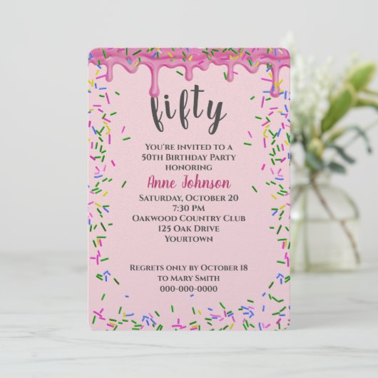 50e verjaardag roze ijsjes en strooisel kaart (Staand voorkant)