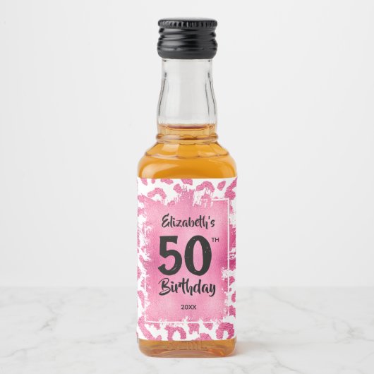 50e verjaardag Roze luipaard Mini Likeurfles Etiket (Voorkant)
