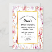 50e verjaardag roze magnolia florals wit goud magnetische uitnodiging (Voorkant)