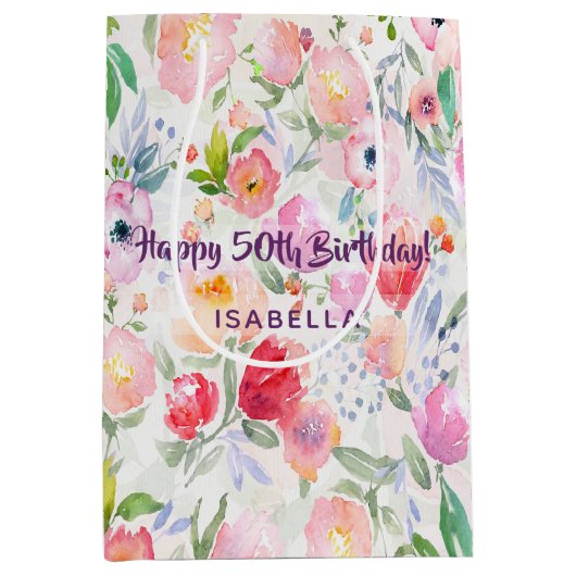 50e verjaardag roze paarse floralennaam medium cadeauzakje (Voorkant)