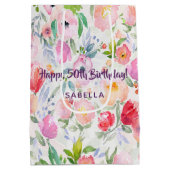 50e verjaardag roze paarse floralennaam medium cadeauzakje (Achterkant)