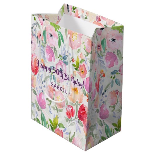 50e verjaardag roze paarse floralennaam medium cadeauzakje (Achterkant Gekanteld)