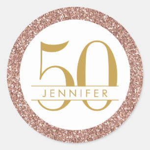 50e verjaardag Roze persoonlijk Roos Gold Glitter Ronde Sticker
