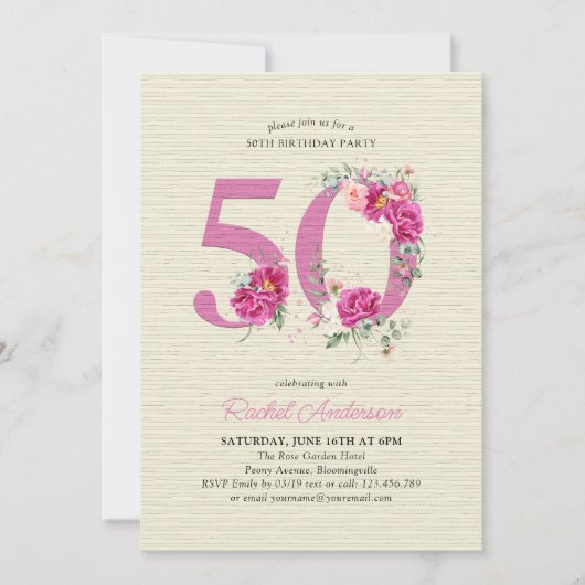 50e verjaardag roze pioen bloemstuk nummer 50 kaart (Voorkant)