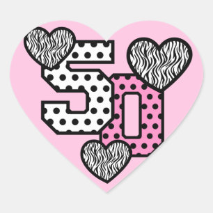 50e verjaardag ROZE POLKA DOTS en ZEBRA HEARTS V02 Hart Sticker