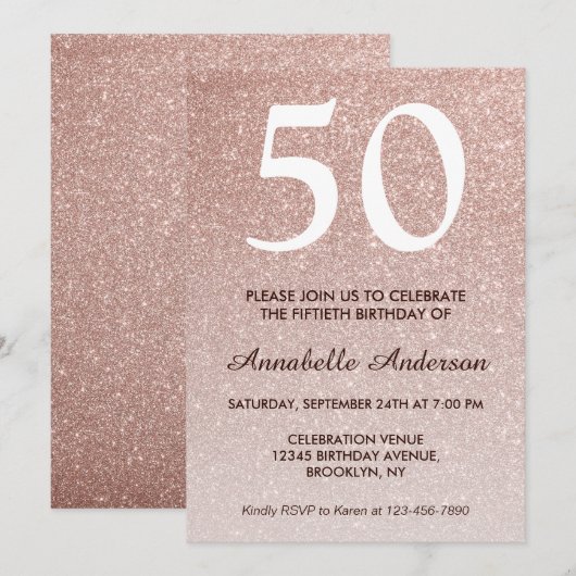 50e verjaardag Roze Rose Gold Glitter Sparkle Ombr Kaart (Voorkant / Achterkant)