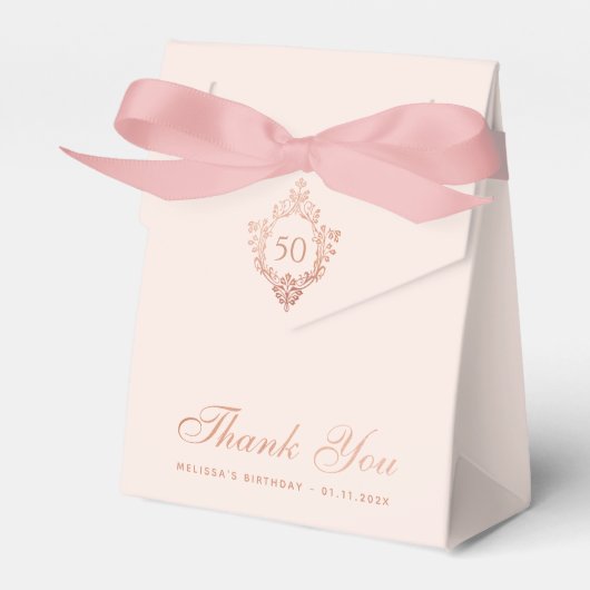 50e Verjaardag Roze Rose Goud Elegante  Crest Bedankdoosjes (Voorkant Zijde)