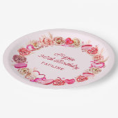 50e verjaardag roze rozen swirly hart papieren bordje (Gekanteld)