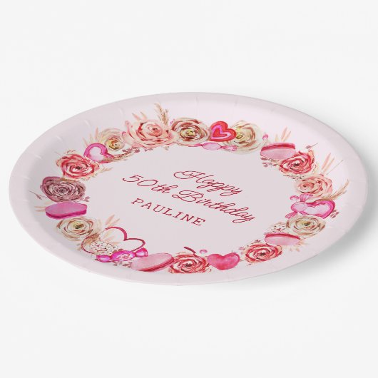 50e verjaardag roze rozen swirly hart papieren bordje (Gekanteld)