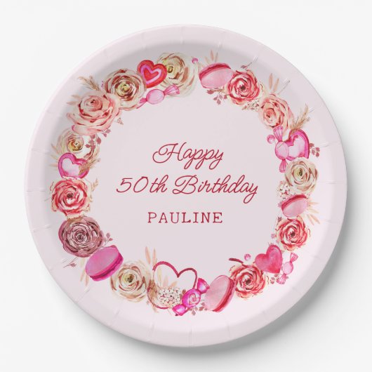 50e verjaardag roze rozen swirly hart papieren bordje (Voorkant)