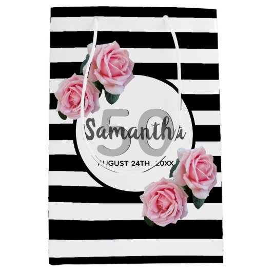 50e verjaardag roze rozen zwarte witte strepen medium cadeauzakje