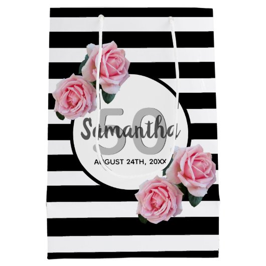 50e verjaardag roze rozen zwarte witte strepen medium cadeauzakje (Achterkant)