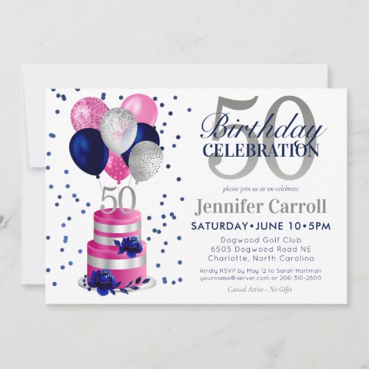 50e verjaardag roze taart uitnodiging (Voorkant)