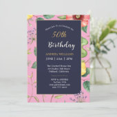 50e Verjaardag Roze  Tekening Wildflowers Kaart (Staand voorkant)