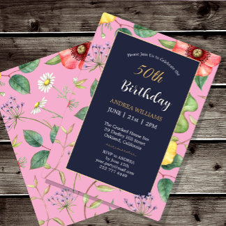 50e Verjaardag Roze  Tekening Wildflowers Kaart