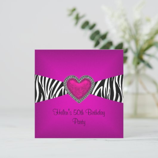 50e verjaardag Roze Zebra Heart Black White Kaart (Staand voorkant)