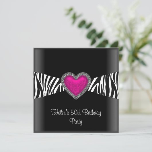 50e verjaardag Roze Zebra Heart Black White Kaart (Staand voorkant)