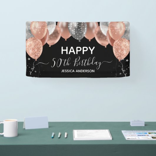 50e verjaardag roze zilveren ballonnen spandoek (Beurs)