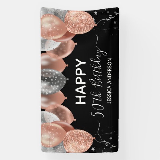 50e verjaardag roze zilveren ballonnen spandoek (Verticaal)