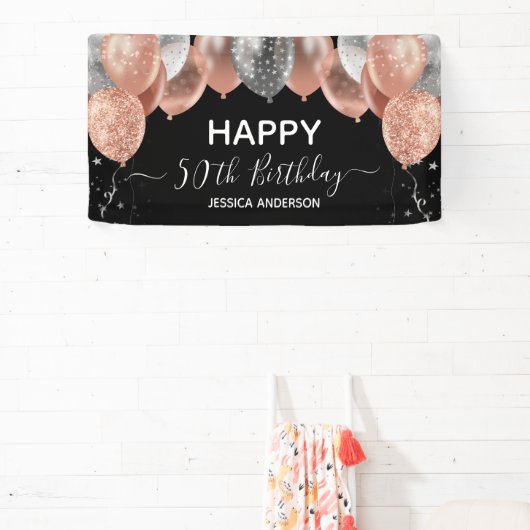 50e verjaardag roze zilveren ballonnen spandoek (Insitu)