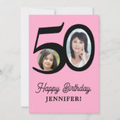 50e verjaardag roze zwarte foto gepersonaliseerd kaart (Voorkant)