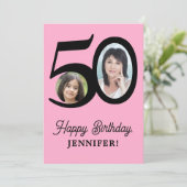 50e verjaardag roze zwarte foto gepersonaliseerd kaart (Staand voorkant)