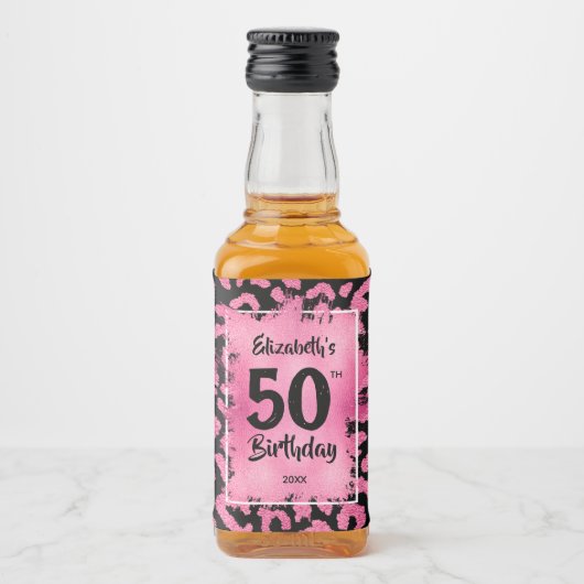 50e verjaardag Roze zwarte luipaard Mini Likeurfles Etiket (Voorkant)