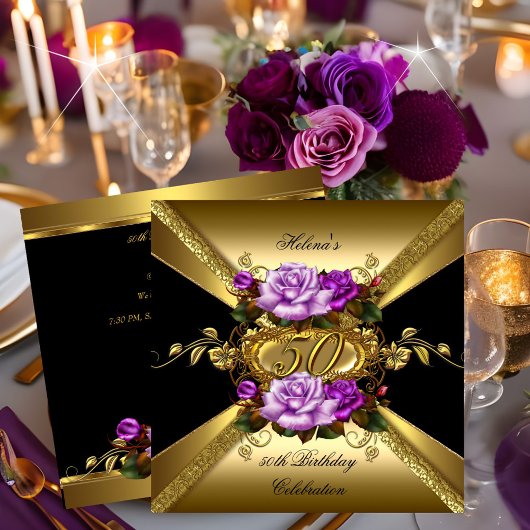 50e verjaardag Rozen Paars Gold Black Kaart