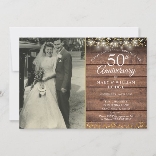 50e verjaardag Rustic Gouden Harten Trouwfoto  Kaart (Voorkant)