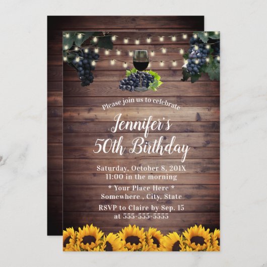 50e verjaardag Rustic Sunflower Wijn Kaart (Voorkant / Achterkant)