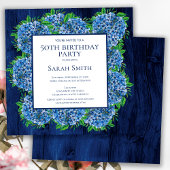 50e verjaardag Rustic Wood Blue Hydrangeas Party Kaart