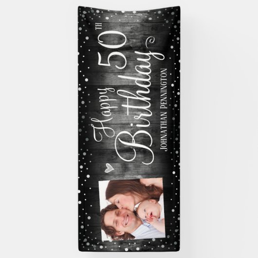 50e verjaardag Rustic Wood Foto Silver Confetti Spandoek (Verticaal)